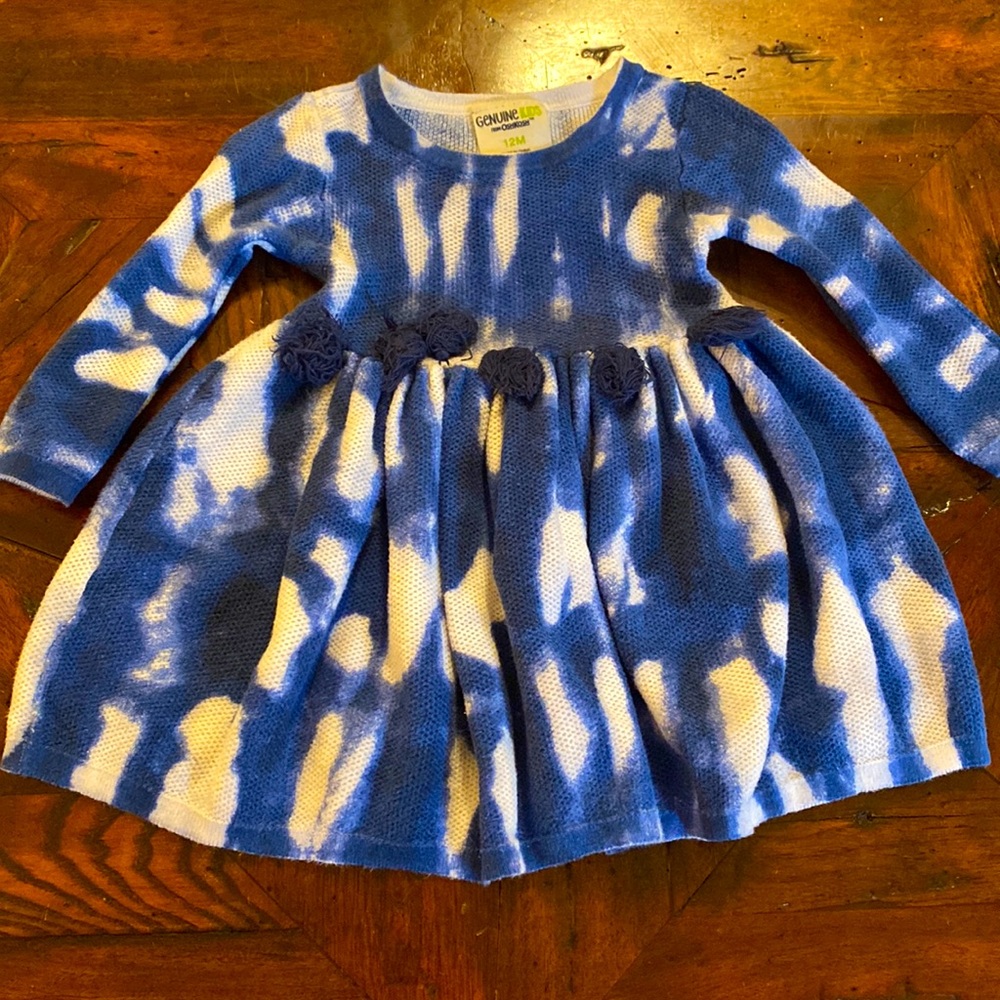 Blue White Cloud Long Sleeve Sweater Dress Baby Girl 12m, Fall, Winter